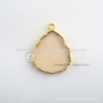 À la main Fine Qualité Champagne Quartz Slice Gemstone Bezel Station Micron En or plaqué or en argent sterling Charm